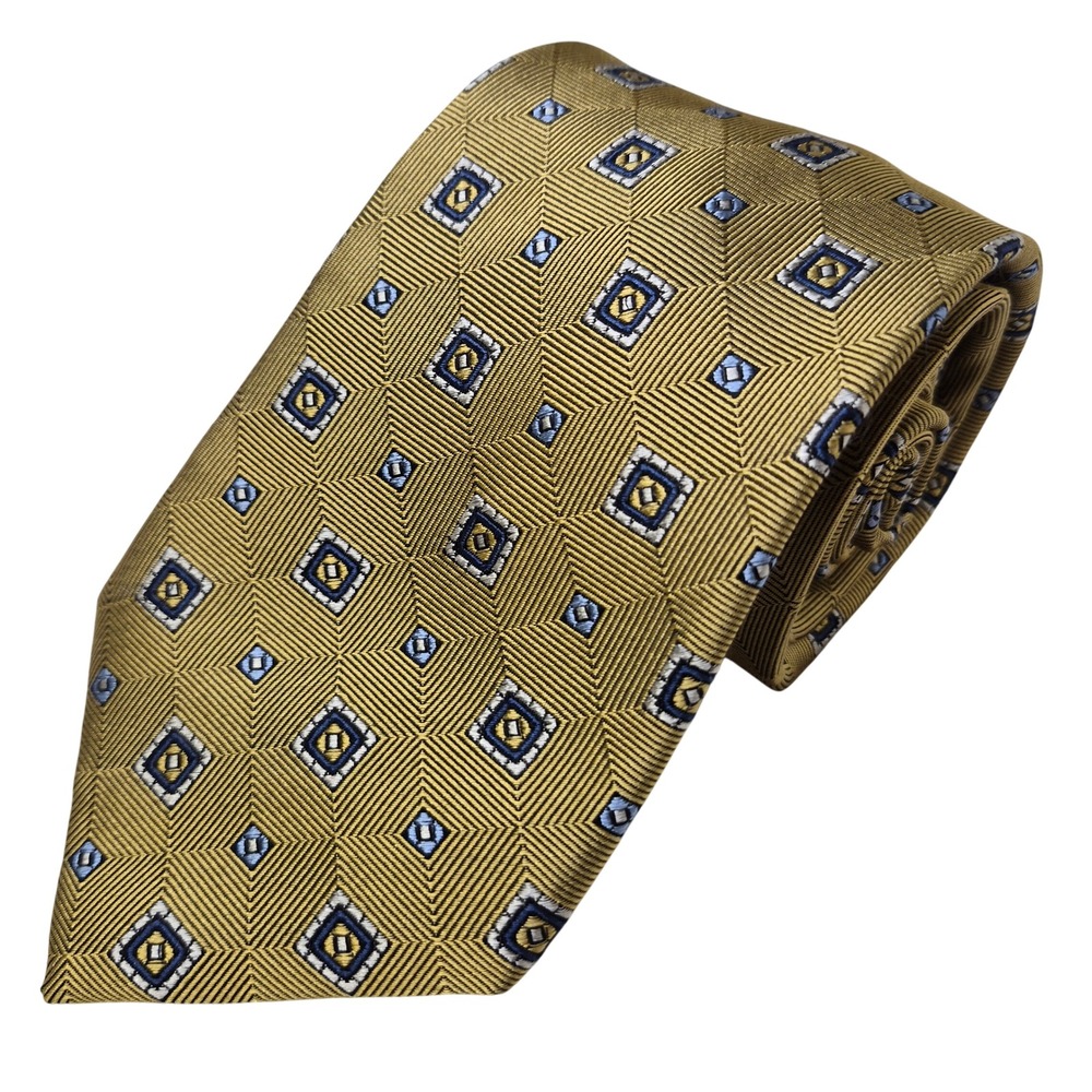 Jos. A. Bank Tie Mens Gold Blue Geometric Squares Silk Necktie Formal Business‎